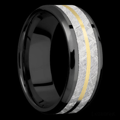 8 mm wide/Beveled/Zirconium band featuring inlays of Meteorite and 14K Yellow Gold.