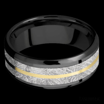 8 mm wide/Beveled/Zirconium band featuring inlays of Meteorite and 14K Yellow Gold.