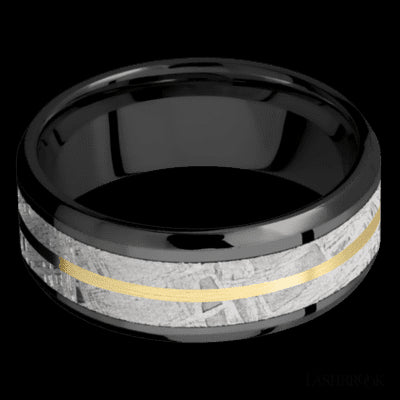 8 mm wide/Beveled/Zirconium band featuring inlays of Meteorite and 14K Yellow Gold.