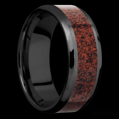 8 mm wide/Beveled/Zirconium band with one 5 mm Centered inlay of Dinosaur Bone Red.