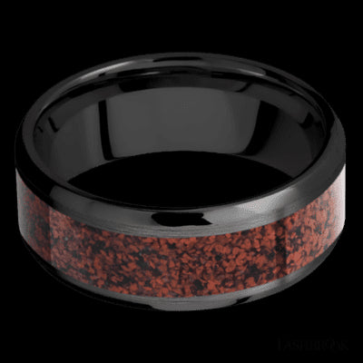 8 mm wide/Beveled/Zirconium band with one 5 mm Centered inlay of Dinosaur Bone Red.