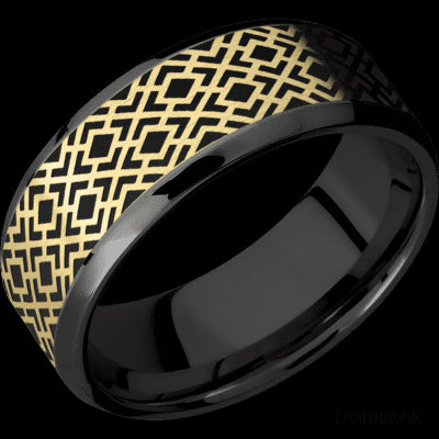 8 mm wide/Beveled/Zirconium band with one 6 mm Centered inlay of 14K Yellow Gold with a laser carved Trellis 2 pattern.