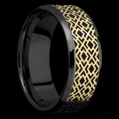 8 mm wide/Beveled/Zirconium band with one 6 mm Centered inlay of 14K Yellow Gold with a laser carved Trellis 2 pattern.