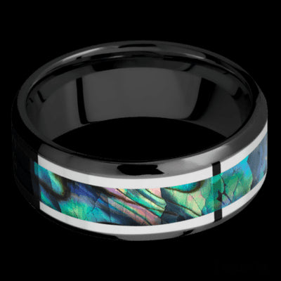8 mm wide/Beveled/Zirconium band featuring inlays of Palladium Silver and Abalone.