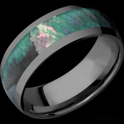 8 mm wide/Domed/Zirconium band with one 5 mm Centered inlay of Black Mother of Pearl.