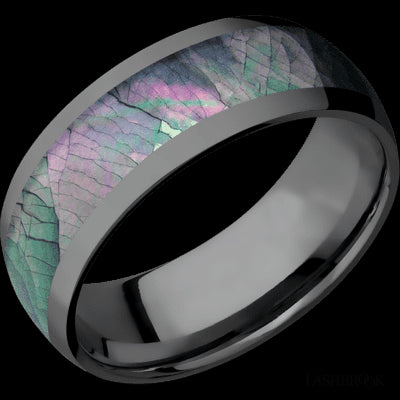 8 mm wide/Domed/Zirconium band with one 5 mm Centered inlay of Black Mother of Pearl.