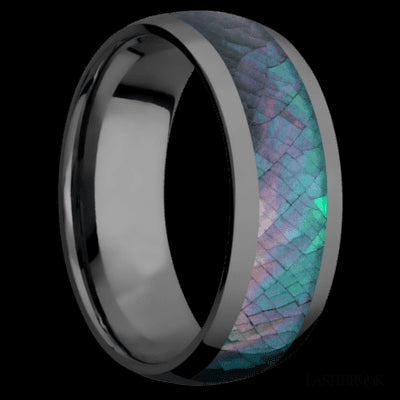 8 mm wide/Domed/Zirconium band with one 5 mm Centered inlay of Black Mother of Pearl.
