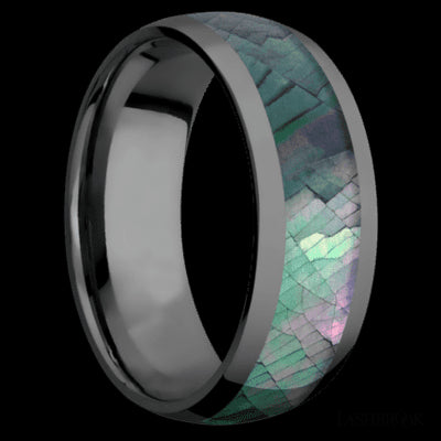 8 mm wide/Domed/Zirconium band with one 5 mm Centered inlay of Black Mother of Pearl.