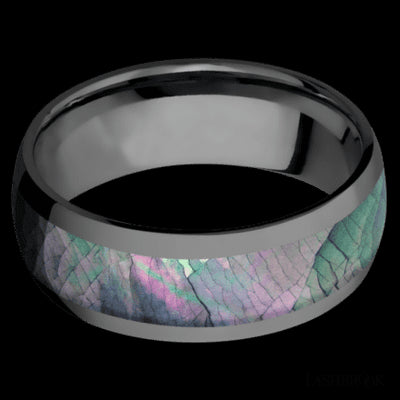 8 mm wide/Domed/Zirconium band with one 5 mm Centered inlay of Black Mother of Pearl.