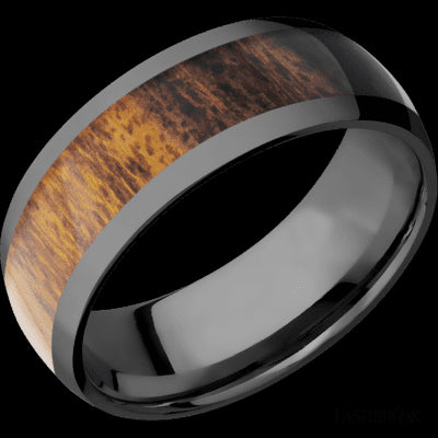 8 mm wide/Domed/Zirconium band with one 5 mm Centered inlay of Desert Iron Wood.