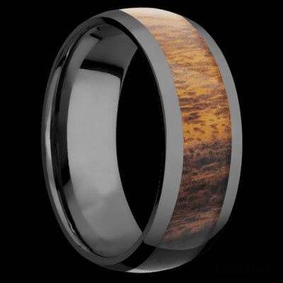 8 mm wide/Domed/Zirconium band with one 5 mm Centered inlay of Desert Iron Wood.