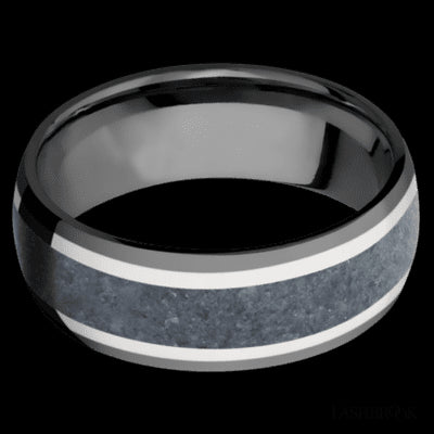 8 mm wide/Domed/Zirconium band featuring inlays of 14K White Gold and Blue Sapphire.