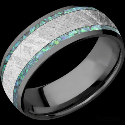 8 mm wide/Domed/Zirconium band featuring inlays of Teal Opal and Meteorite.