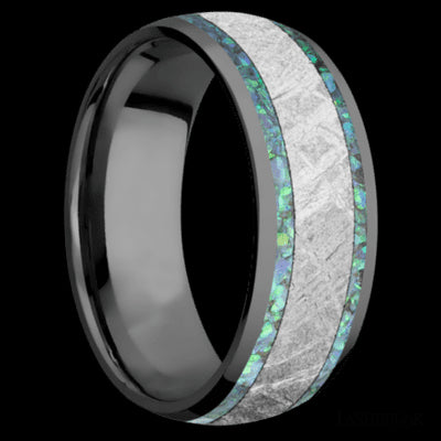 8 mm wide/Domed/Zirconium band featuring inlays of Teal Opal and Meteorite.