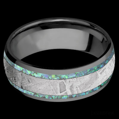 8 mm wide/Domed/Zirconium band featuring inlays of Teal Opal and Meteorite.