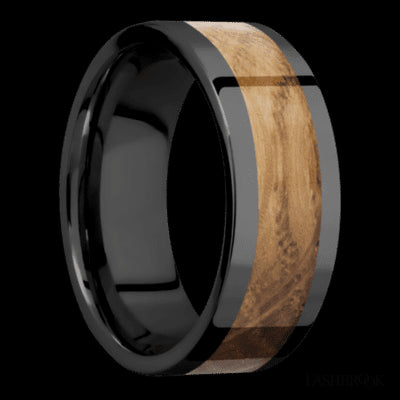 8 mm wide/Flat/Zirconium band with one 5 mm Centered inlay of Whiskey Barrel.