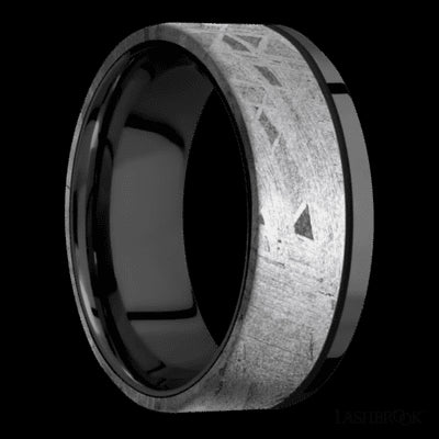 8 mm wide/Flat/Zirconium band with one 6 mm Off Center Edge inlay of Meteorite.