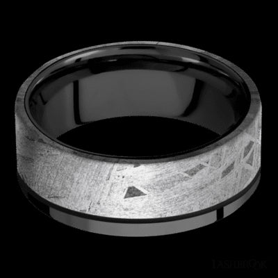 8 mm wide/Flat/Zirconium band with one 6 mm Off Center Edge inlay of Meteorite.