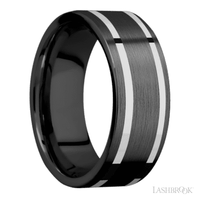 8 mm wide/Flat/Zirconium band with two 1 mm Wide inlays of 14K White Gold.