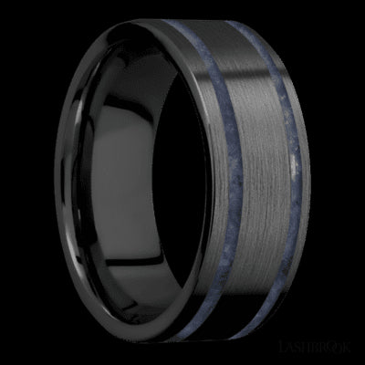 8 mm wide/Flat/Zirconium band with two 1 mm Wide inlays of Sodalite.