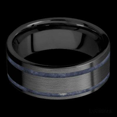 8 mm wide/Flat/Zirconium band with two 1 mm Wide inlays of Sodalite.