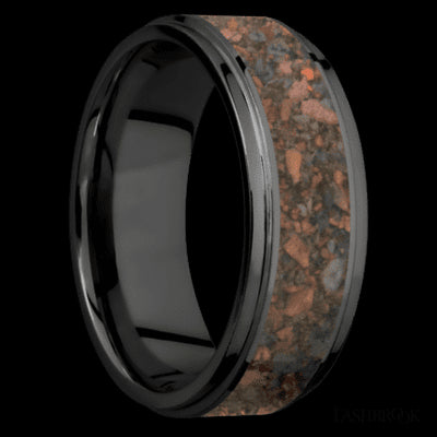 8 mm wide/Flat Grooved Edges/Zirconium band with one 5 mm Centered inlay of Desert Jasper.