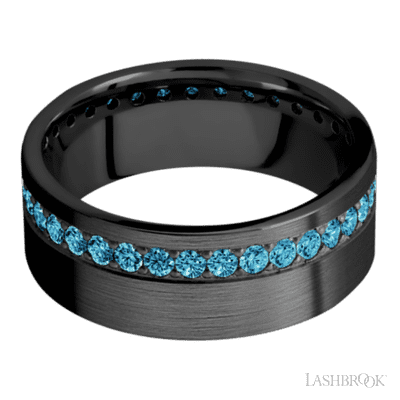 8 mm wide/Flat/Zirconium band with a Off Center Eternity arrangement of .03 carat Round Lab Blue Diamond stones in a Bead setting.