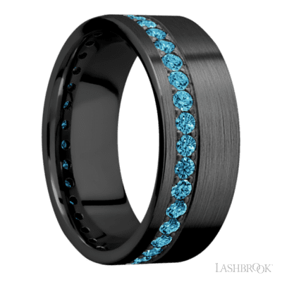 8 mm wide/Flat/Zirconium band with a Off Center Eternity arrangement of .03 carat Round Lab Blue Diamond stones in a Bead setting.