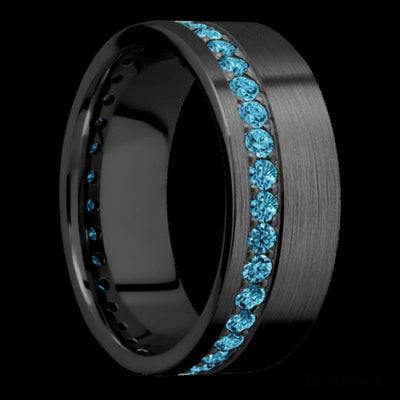 8 mm wide/Flat/Zirconium band with a Off Center Eternity arrangement of .03 carat Round Lab Blue Diamond stones in a Bead setting.