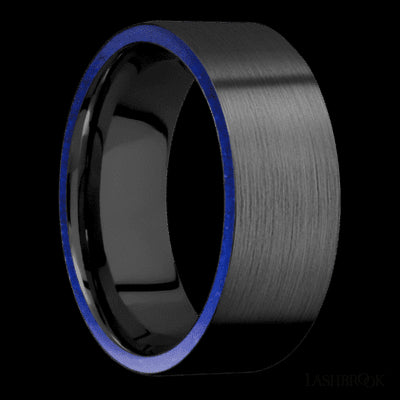 8 mm wide/Flat/Zirconium band with two 1 mm Side inlays of Lapis.