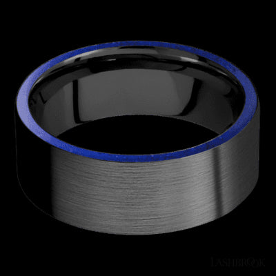 8 mm wide/Flat/Zirconium band with two 1 mm Side inlays of Lapis.
