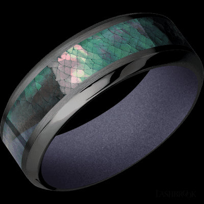 8 mm wide/High Bevel/Zirconium band with one 4 mm Centered inlay of Black Mother of Pearl also featuring a Crushed Orchid sleeve.