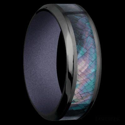 8 mm wide/High Bevel/Zirconium band with one 4 mm Centered inlay of Black Mother of Pearl also featuring a Crushed Orchid sleeve.
