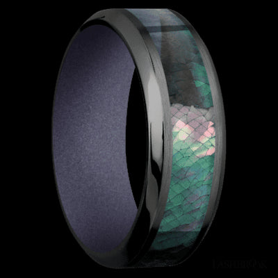 8 mm wide/High Bevel/Zirconium band with one 4 mm Centered inlay of Black Mother of Pearl also featuring a Crushed Orchid sleeve.