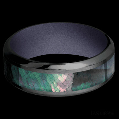8 mm wide/High Bevel/Zirconium band with one 4 mm Centered inlay of Black Mother of Pearl also featuring a Crushed Orchid sleeve.