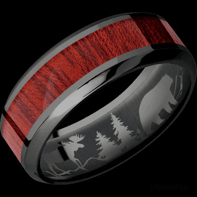 8 mm wide/High Bevel/Zirconium band with one 4 mm Centered inlay of Blood Wood.