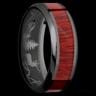 8 mm wide/High Bevel/Zirconium band with one 4 mm Centered inlay of Blood Wood.