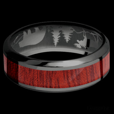8 mm wide/High Bevel/Zirconium band with one 4 mm Centered inlay of Blood Wood.