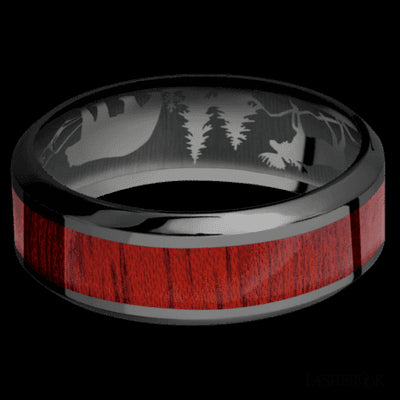 8 mm wide/High Bevel/Zirconium band with one 4 mm Centered inlay of Blood Wood.
