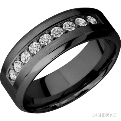 8 mm wide/High Bevel/Zirconium band with an  arrangement of 9, .05 carat Round Diamond stones in a Bead setting.