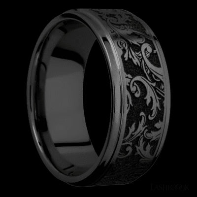 9 mm wide/Flat Grooved Edges/Zirconium band with a laser carved Black Leaf pattern.