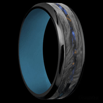 7 mm wide/Beveled/Zirconium band featuring inlays of Forged Carbon Fiber and Blue Tiger Eye also featuring a Royal Blue sleeve.