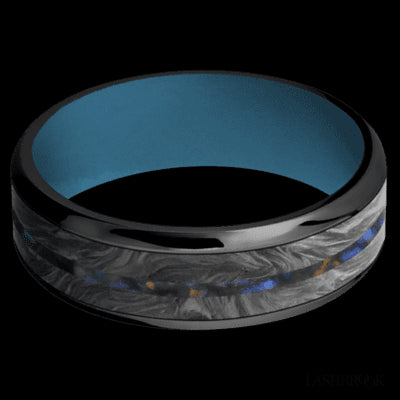 7 mm wide/Beveled/Zirconium band featuring inlays of Forged Carbon Fiber and Blue Tiger Eye also featuring a Royal Blue sleeve.