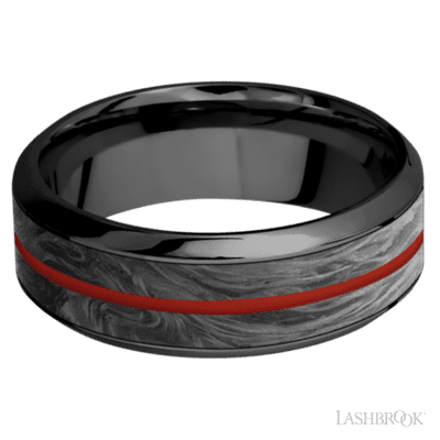 8 mm wide/High Bevel/Zirconium band featuring inlays of Forged Carbon Fiber and Red Apple.