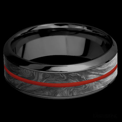 8 mm wide/High Bevel/Zirconium band featuring inlays of Forged Carbon Fiber and Red Apple.