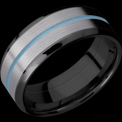 8 mm wide/Beveled/Zirconium band featuring inlays of Tantalum and Polar Blue.