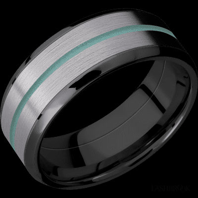 8 mm wide/Beveled/Zirconium band featuring inlays of Tantalum and Polar Blue.