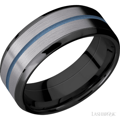 8 mm wide/Beveled/Zirconium band featuring inlays of Tantalum and Polar Blue.