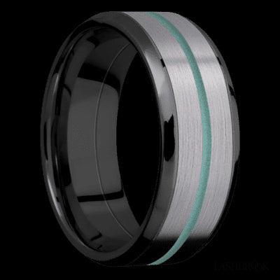 8 mm wide/Beveled/Zirconium band featuring inlays of Tantalum and Polar Blue.