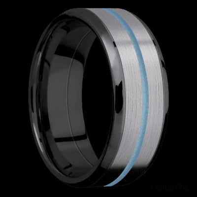 8 mm wide/Beveled/Zirconium band featuring inlays of Tantalum and Polar Blue.